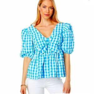 LILLY PULITZER | NEW Sarafina Turquoise Oasis Crinkle Gingham Top Women’s Size 4